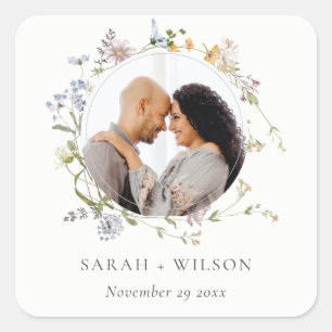 Cute Rustic Meadow Floral Wreath Photo Wedding Square Sticker