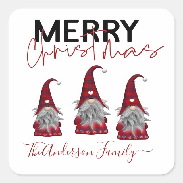 Cute Rustic Merry Christmas Family Name Gnomes Square Sticker (Front)