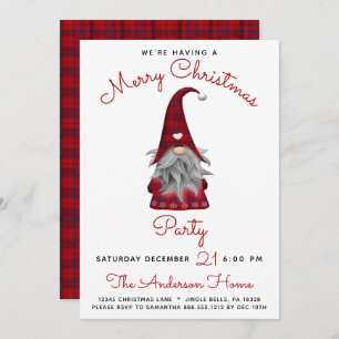 Cute Rustic Merry Christmas Party Plaid Gnome Invitation