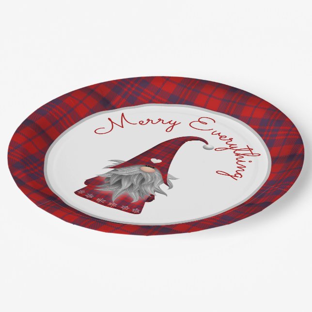 Cute Rustic Merry Christmas Plaid Gnome Paper Plate (Angled)