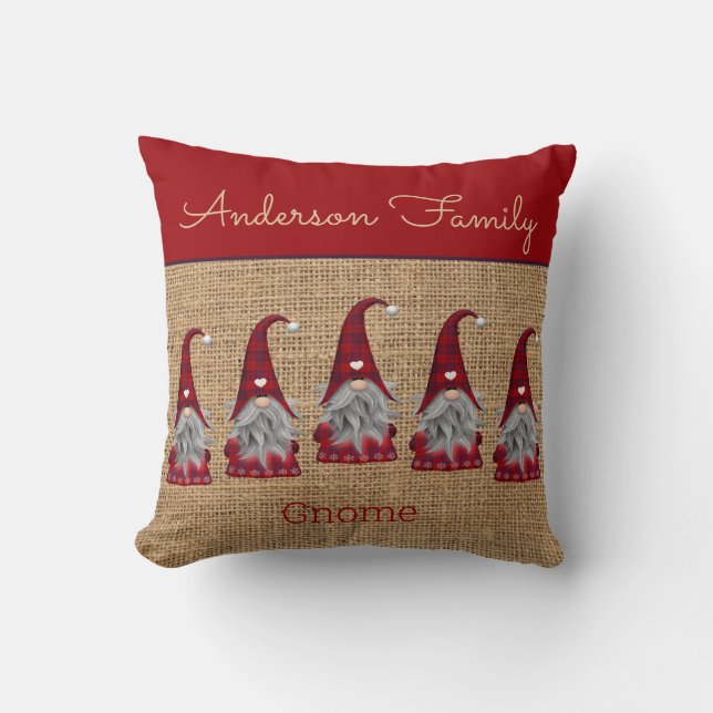 Cute Rustic Personalised Christmas Gnome Elf Cushion (Front)