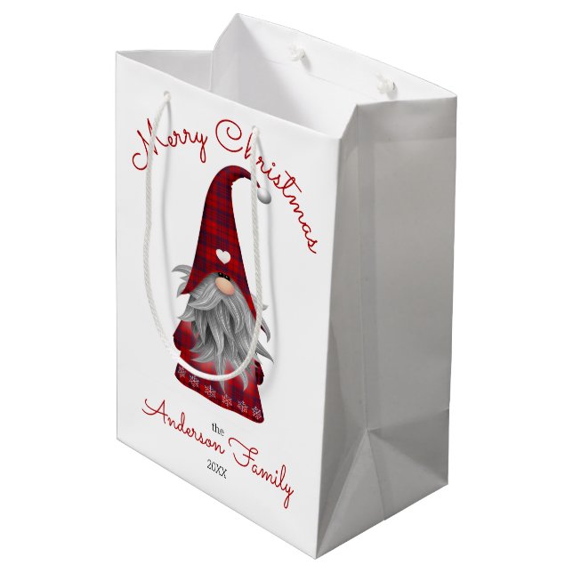 Cute Rustic Personalised Merry Christmas Gnome Medium Gift Bag (Back Angled)
