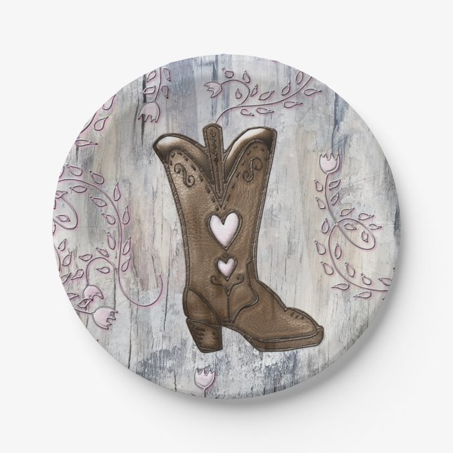 Cute Rustic Pink Cowgirl Heart Boots Bridal Shower Paper Plate (Front)