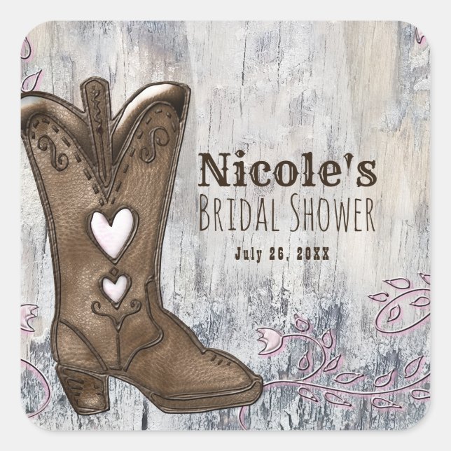 Cute Rustic Pink Cowgirl Heart Boots Bridal Shower Square Sticker (Front)