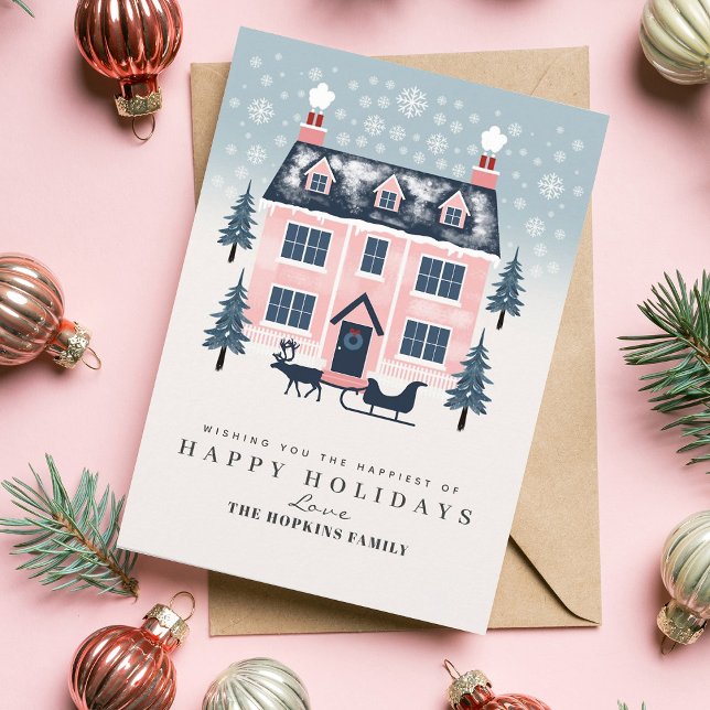 Cute Rustic Pink Pastel House Christmas Card (Creator Uploaded)