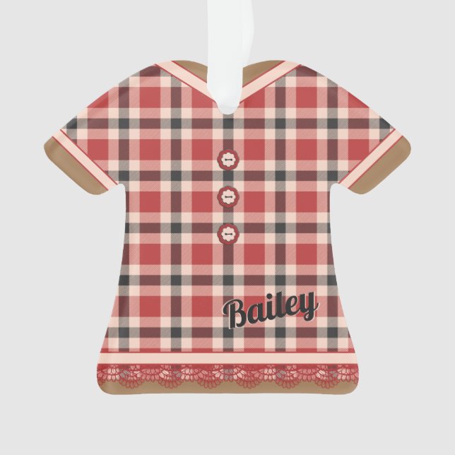 Cute Rustic Plaid Dress with Red Lace Figurine Ornament (Front)