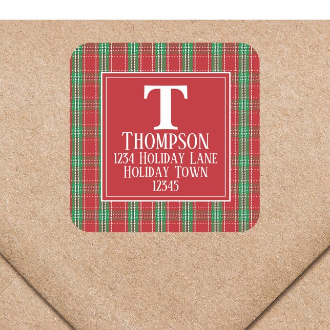 Cute Rustic Plaid Monogram Holiday Return Address  Square Sticker (Christmas red and green plaid return address label with monogram and name. )