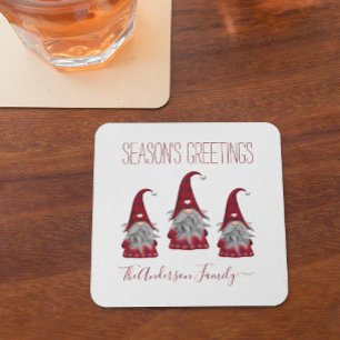 Cute Rustic Plaid Personalised Christmas Gnome Elf Coaster