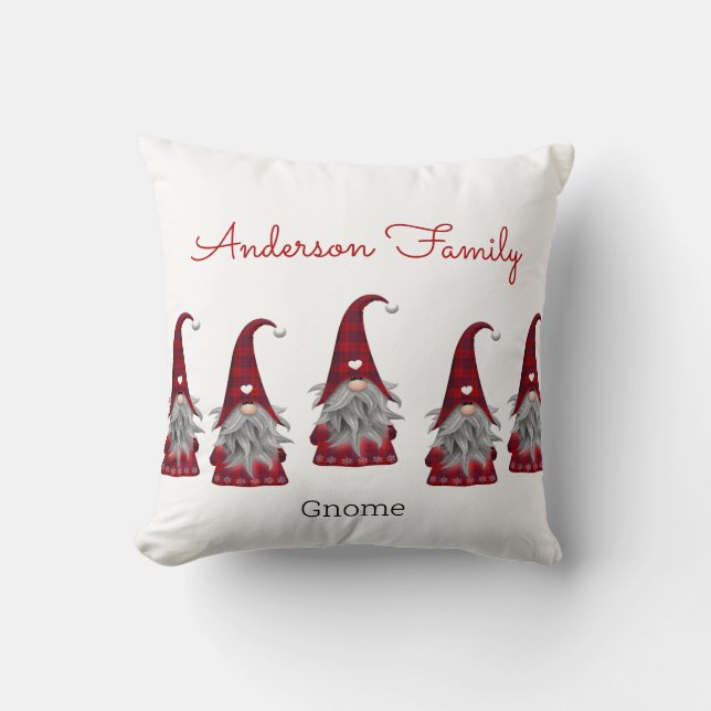 Cute Rustic Plaid Personalised Christmas Gnome Elf Cushion (Front)
