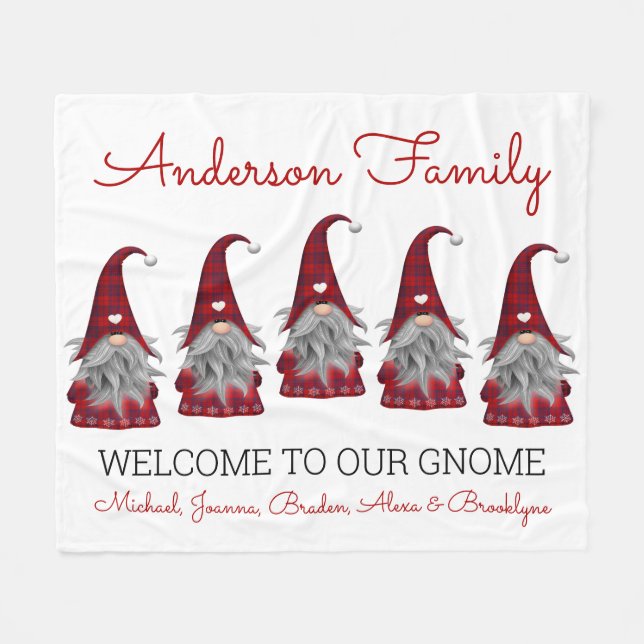 Cute Rustic Plaid Personalised Christmas Gnome Elf Fleece Blanket (Front (Horizontal))