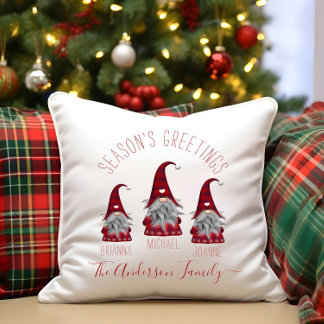 Cute Rustic Plaid Personalised Christmas Gnomes Cushion