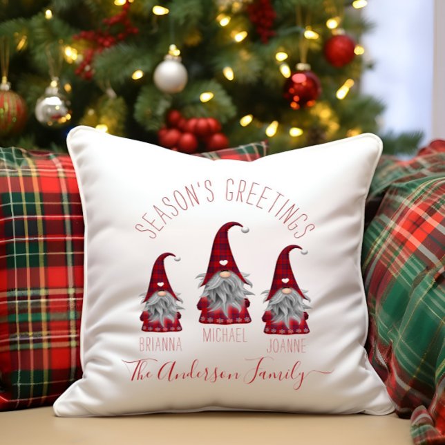 Cute Rustic Plaid Personalised Christmas Gnomes Cushion (Creator Uploaded)
