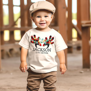 Cute Rustic Plaid Reindeer Antlers Lights Name Baby T-Shirt
