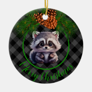 Cute Rustic racoon black grey plaid pine cone Ceramic Tree Decoration