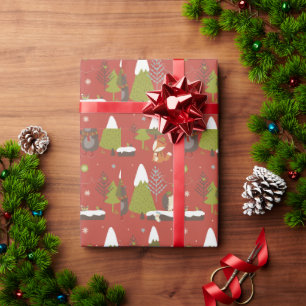Cute Rustic Red Forest Animals Kids Christmas Wrapping Paper