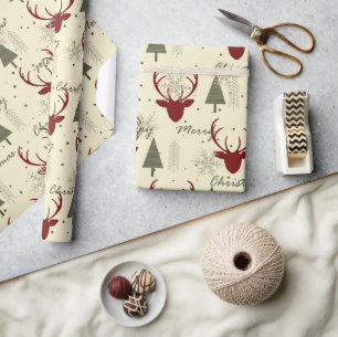 Cute Rustic Reindeer Christmas Tree Holiday Wrapping Paper