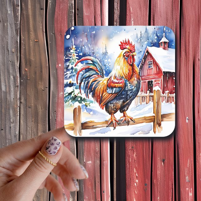 Cute Rustic Rooster Farm Themed Christmas Square Sticker (Creator Uploaded)
