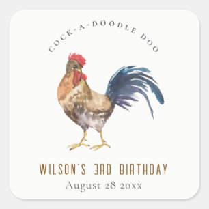 Cute Rustic Rooster Farm Watercolor Kids Birthday Square Sticker