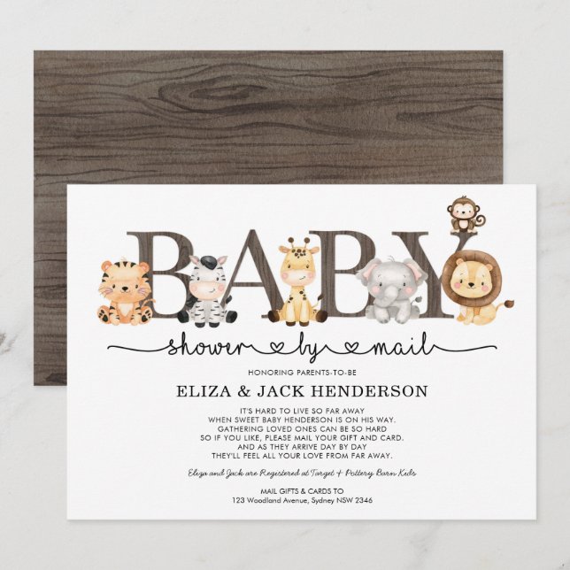 Cute Rustic Safari Animals Baby Shower By Mail Invitation (Front/Back)