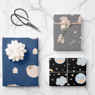 Cute Rustic Scandinavian Sheep Fox Moon Baby Boy Wrapping Paper Sheet