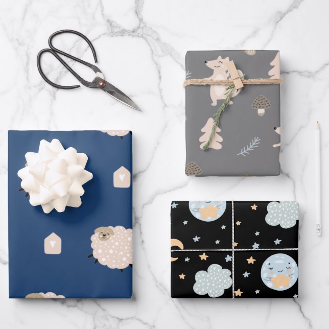 Cute Rustic Scandinavian Sheep Fox Moon Baby Boy Wrapping Paper Sheet (Front)