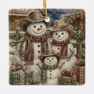 Cute Rustic Snowmen and Plaid Country and Western Ceramic Ornament