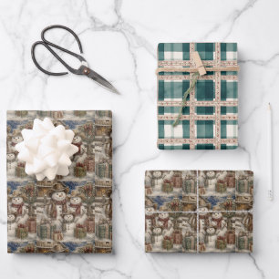 Cute Rustic Snowmen and Plaid Country and Western Wrapping Paper Sheet