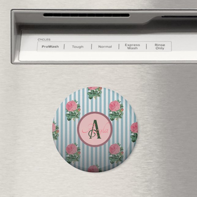 Cute Rustic Stripe Pink Roses Pattern Monogram Magnet (In Situ (Dishwasher))