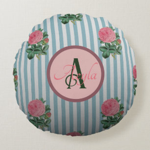 Cute Rustic Stripe Pink Roses Pattern Monogram Round Cushion