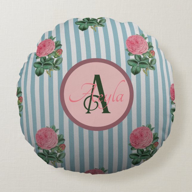 Cute Rustic Stripe Pink Roses Pattern Monogram Round Cushion (Front)