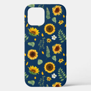 Cute Rustic Sunflower Pattern Blue Background iPhone 12 Case