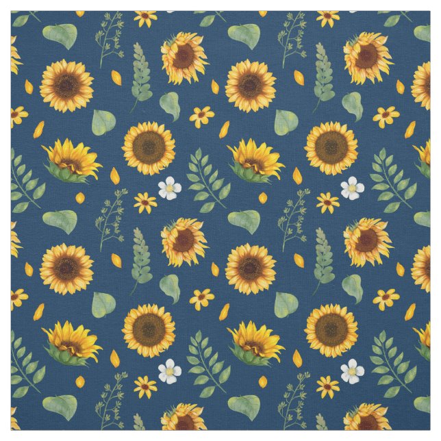 Cute Rustic Sunflower Pattern Blue Background Fabric (Swatch)