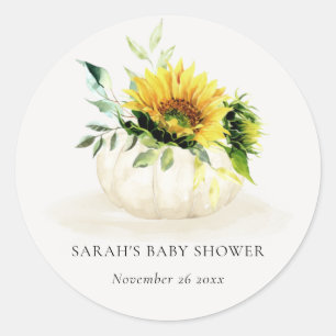 Cute Rustic Sunflower Pumpkin Floral Baby Shower Classic Round Sticker