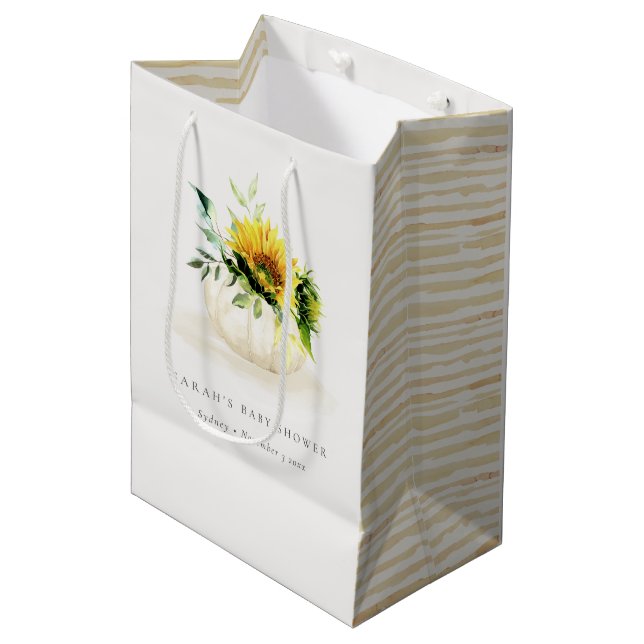 Cute Rustic Sunflower Pumpkin Floral Baby Shower Medium Gift Bag (Front Angled)