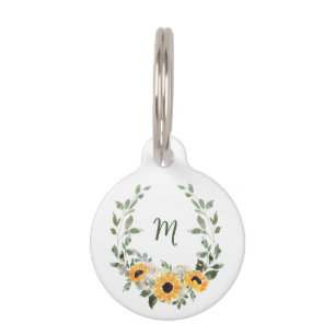 Cute Rustic Sunflower Watercolor   Monogram Pet Tag