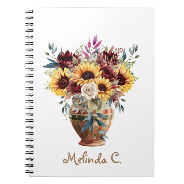 Cute Rustic Sunflowers & Burgundy Floral Notebook (Front)