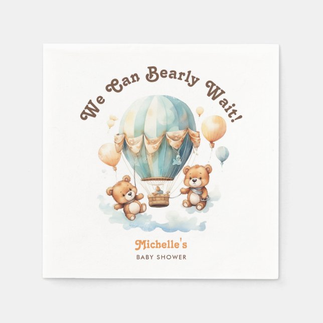 Cute Rustic Twins Baby Shower Bear with Balloons Napkin (Front)
