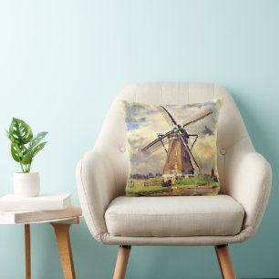 Cute Rustic Vintage Dutch Windmill Watercolor Cushion