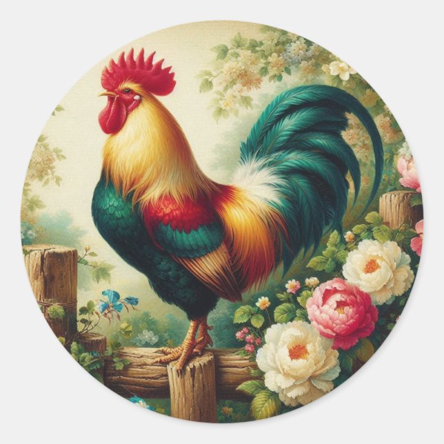 Cute rustic/vintage rooster classic round sticker (Front)