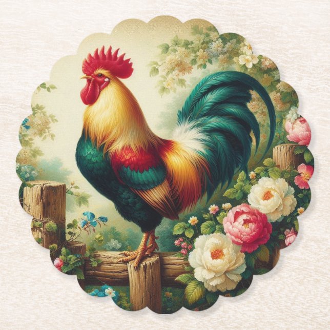 Cute rustic/vintage rooster paper coaster (Front)
