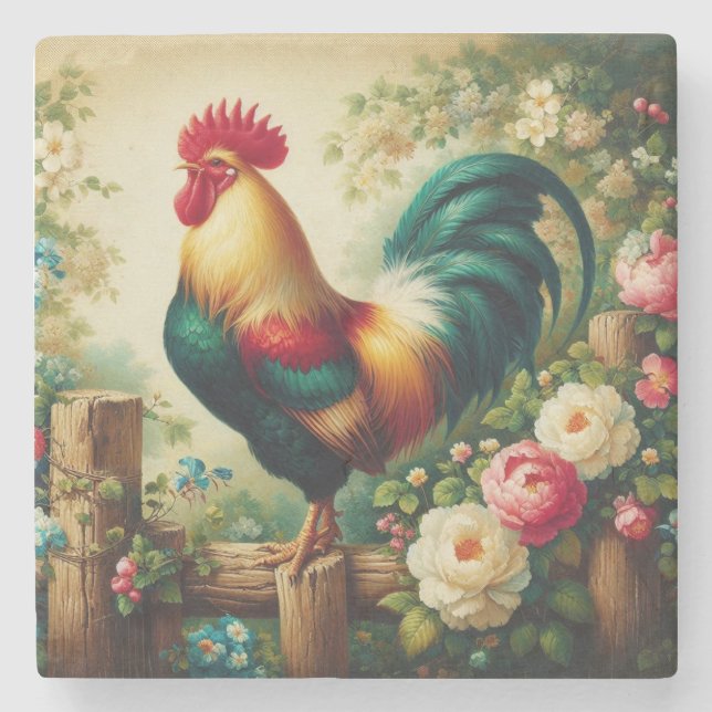 Cute rustic/vintage rooster stone coaster (Front)