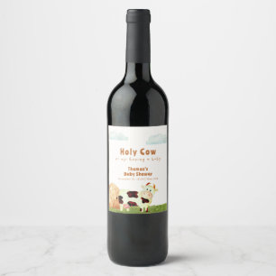 Cute Rustic Watercolor Holy Cow Farm Baby Shower  Wine Label