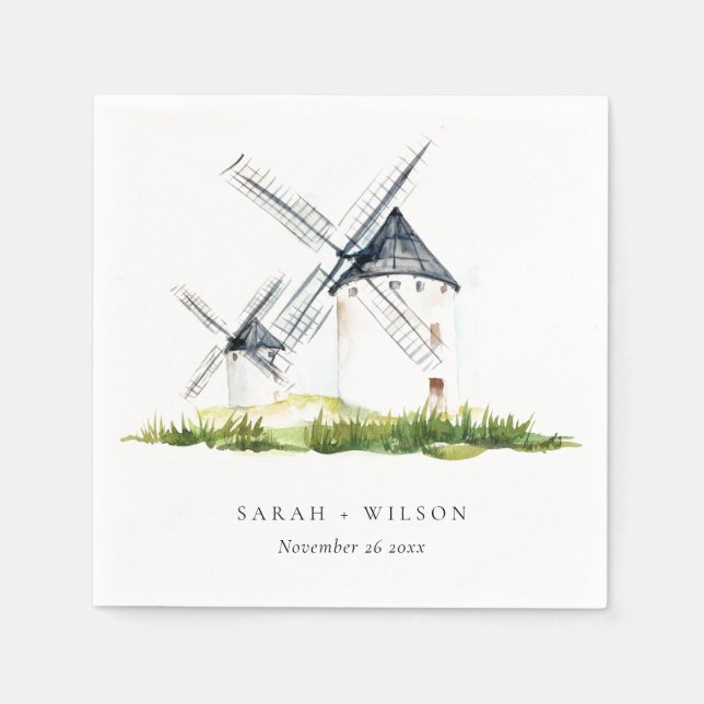 Cute Rustic Watercolor Windmill Farm Theme Wedding Napkin (Front)