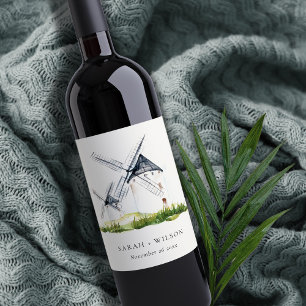 Cute Rustic Watercolor Windmill Farm Theme Wedding Wine Label