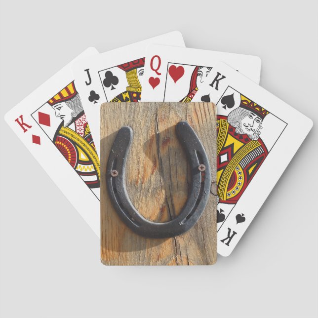 Cute Rustic Western Good Luck Horseshoe Wood Look Playing Cards (Back)