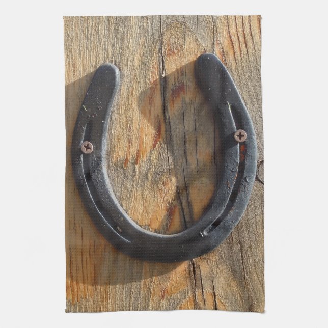 Cute Rustic Western Good Luck Horseshoe Wood Look Tea Towel (Vertical)