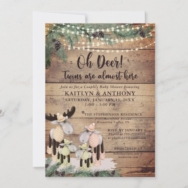 Cute Rustic Winter Deer Couple Baby Shower Twins Invitation (Front)