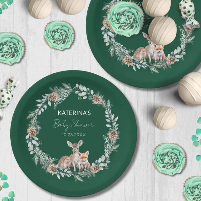 Cute Rustic Winter Woodland Animals Baby Shower Paper Plate (This emeral green, rustic, woodland party plate is perfect for a winter baby shower.)
