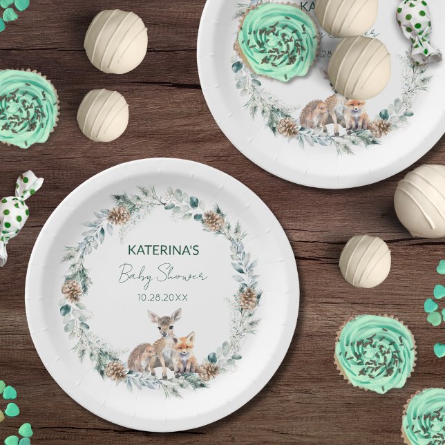 Cute Rustic Winter Woodland Animals Baby Shower Paper Plate (These cute party plates match my Rustic Cuties woodland animal baby shower collection.)