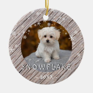 Cute Rustic Wood Dog Puppy 1st Christmas Photo Ceramic Tree Decoration